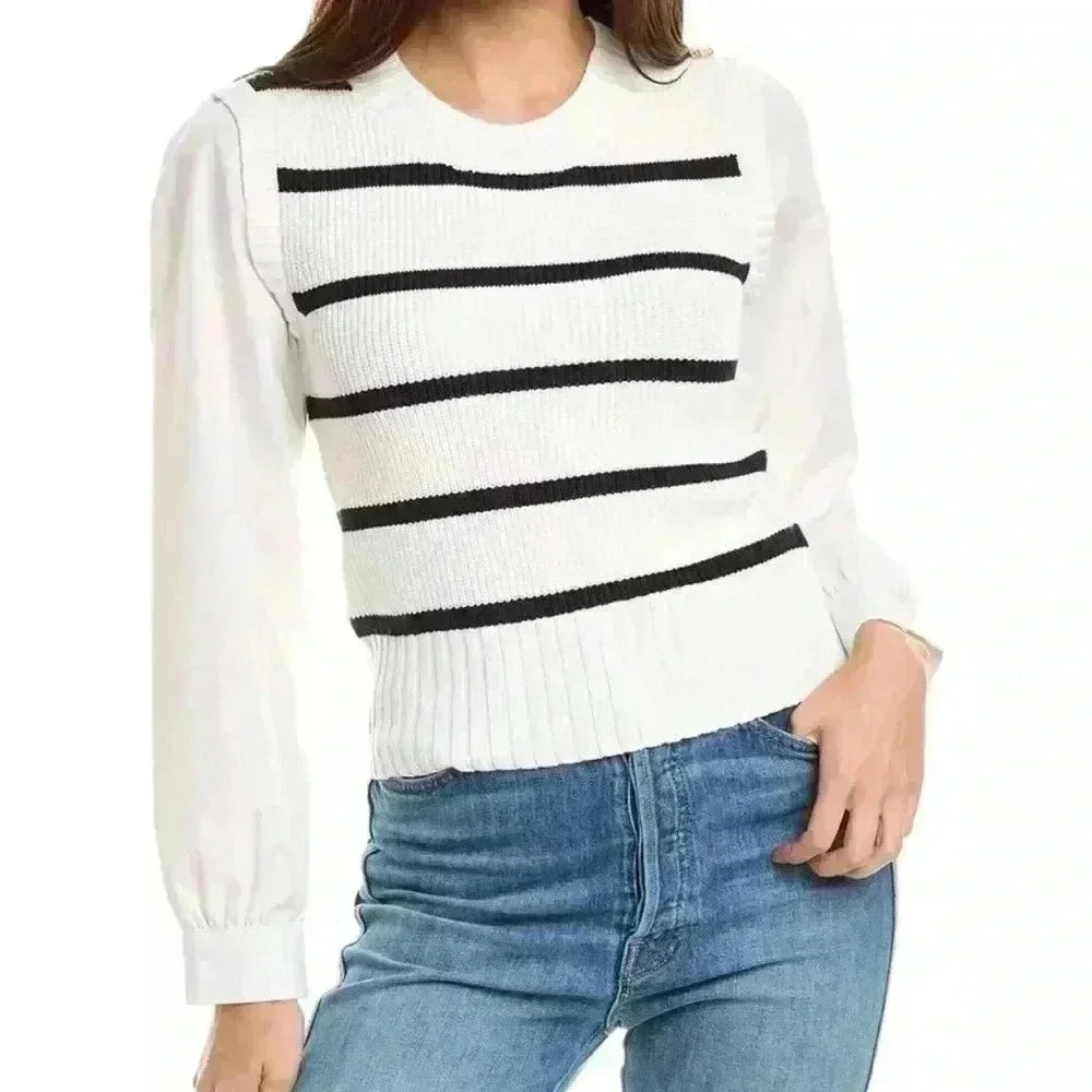 Nanette Lapore Twofer Black & White Striped Ladies Pullover Sweater Size Medium